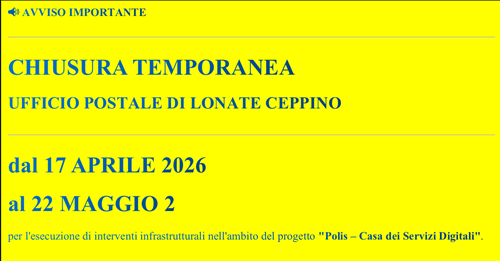 Chiusura temporanea ufficio postale di Lonate Ceppino
