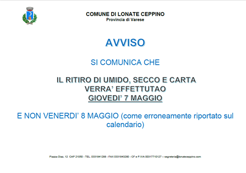 Ritiro rifiuti 7 maggio 2026