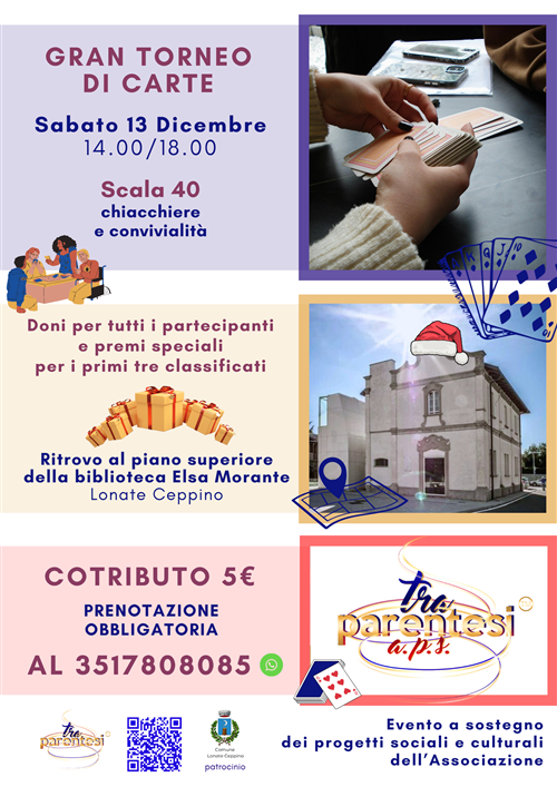 torneo di carte di sabato 13/12 con premi per tutti i partecipanti e camminata relazionale di domenica 14/12
